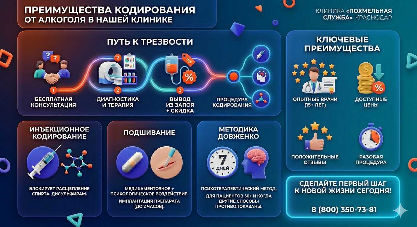 Инфографика о методах кодирования от алкоголя в Климовске: инъекции, подшивание, метод Довженко. Преимущества клиники и этапы лечения.