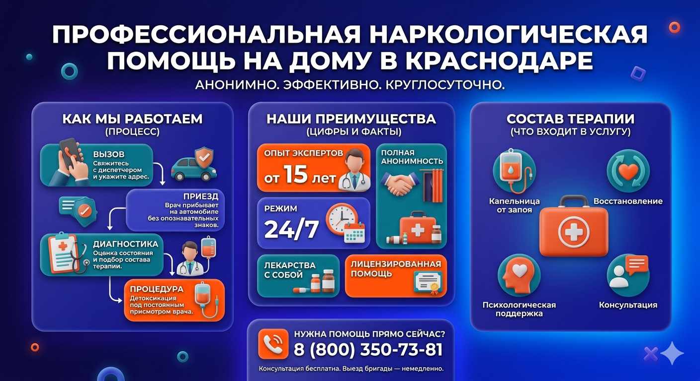 Инфографика о принципах лечения алкоголизма на дому в Климовске: этапы вызова нарколога, преимущества анонимной детоксикации и состав медицинской помощи.